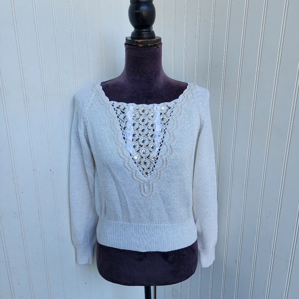L`EAU Vive Sweater White Vintage 90s Ribbons Lace Cotton Ramie Rayon Wool M